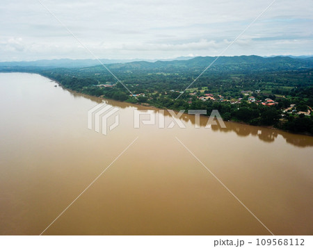 Aerial photography of the beautiful landscape along the Mekong River in Laos.opposite Chiang Khan District, Aerial photography of the beautiful landscape along the Mekong River in Laos.opposite Chiang Khan District, 109568112