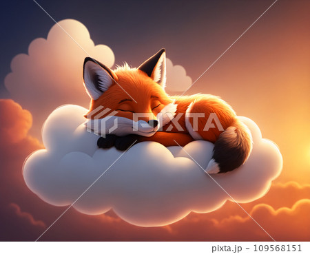 Dreaming little fox on a fluffy cloudのイラスト素材 [109568151] - PIXTA
