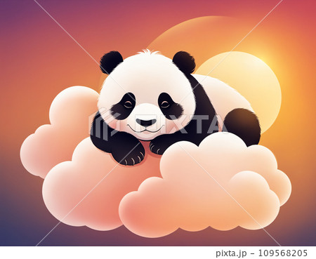 Cute smiling little panda on cloud in warm sunsetのイラスト素材 [109568205 ...