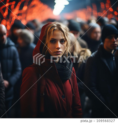 AI-generated content. Portrait of sad woman in crowd of people 109568327