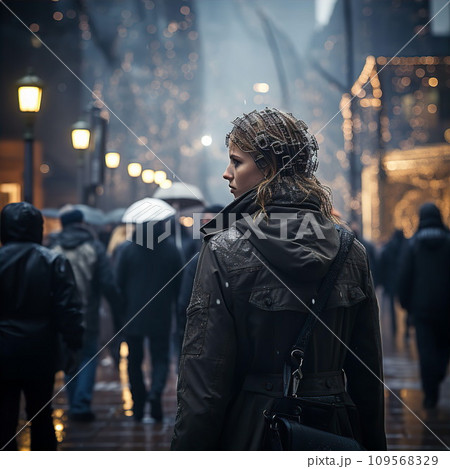 AI-generated content. Special agent woman walking among crowd of people in city 109568329
