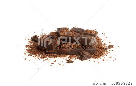 Grated Chocolate Pile Isolated, Crushed Chocolate Shavings, Crumbs, Scattered Flakes, Cocoa Sprinkles Grated Chocolate Pile Isolated, Crushed Chocolate Shavings, Crumbs, Scattered Flakes, Cocoa Sprinkles 109568528