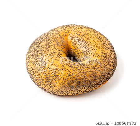 Poppy Seed Bagel Isolated, One Round Bread Bun, Poppyseed Wheat Bakery for Breakfast Poppy Seed Bagel Isolated, One Round Bread Bun, Poppyseed Wheat Bakery for Breakfast 109568873
