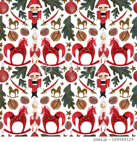 Nutcracker and nuts. Seamless watercolor pattern for New Year and Christmas wrapping paper. Vintage style gifts for children under the Christmas tree. Nutcracker and nuts. Seamless watercolor pattern for New Year and Christmas wrapping paper. Vintage style gifts for children under the Christmas tree. 109569124