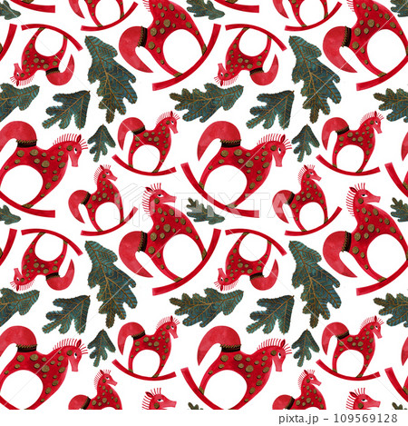 Nutcracker and nuts. Seamless watercolor pattern for New Year and Christmas wrapping paper. Vintage style gifts for children under the Christmas tree. 109569128