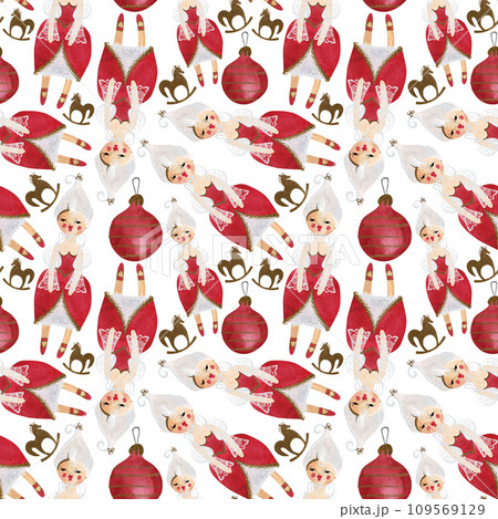 Dolls and gold stars. Seamless watercolor pattern for New Year and Christmas wrapping paper. Vintage style gifts for children under the Christmas tree. 109569129