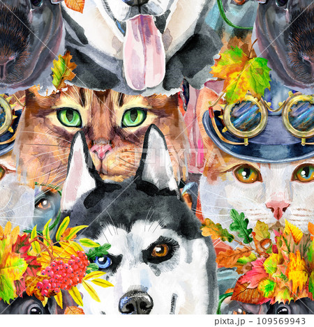 Seamless pattern of of dog, guinea pig, cat, mini pig. Watercolor pets illustration. Watercolor hand drawn illustration Seamless pattern of of dog, guinea pig, cat, mini pig. Watercolor pets illustration. Watercolor hand drawn illustration 109569943