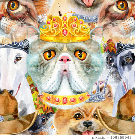 Seamless pattern of of dog, guinea pig, cat. Watercolor pets illustration. Watercolor hand drawn illustration Seamless pattern of of dog, guinea pig, cat. Watercolor pets illustration. Watercolor hand drawn illustration 109569945