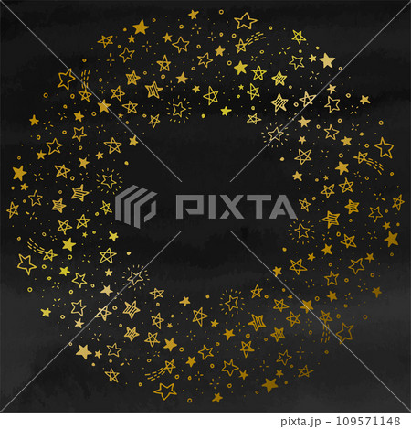 黒背景で金色の丸型のペンを使った手描きの星フレーム素材 黒背景で金色の丸型のペンを使った手描きの星フレーム素材 109571148