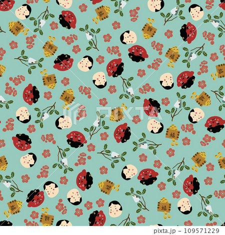 節分のシームレスなパターン、テキスタイル、壁紙、包装紙、行事、イベント、魔除け、和雑貨、デコレーショ 109571229