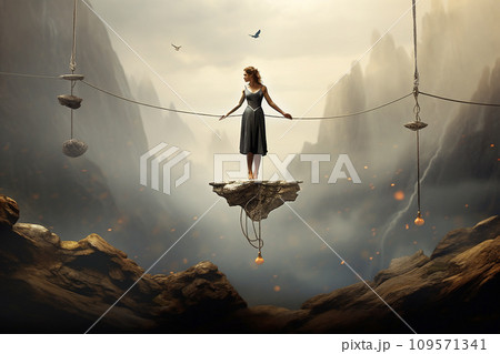 Person balancing on a thin rope above a large scale with emotions on one side and resilience on the other Person balancing on a thin rope above a large scale with emotions on one side and resilience on the other 109571341