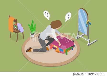 3D Isometric Flat Vector Illustration of Packing Clothes Into Luggage 109571536
