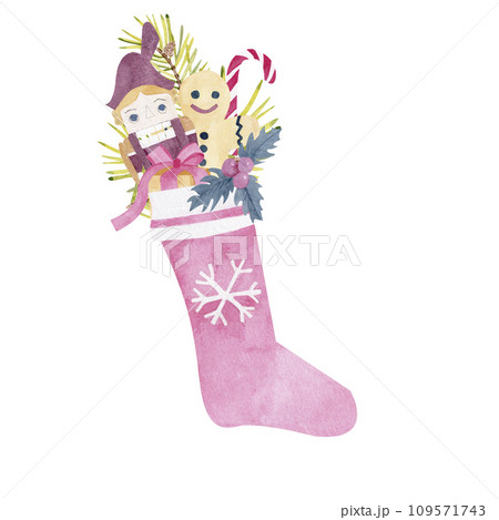 New Year's watercolor hand-drawn set. Gift sock, the gingerbread man, mistletoe, nutcracker, lollipop, gift christmas, pine branch, pine cone on a white background 109571743