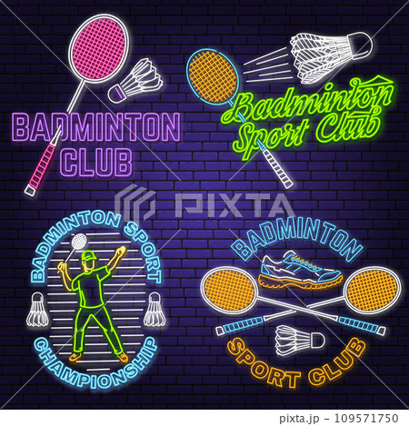 Set of badminton sport neon emblem. Vector illustration. Vintage badminton label with racket, player and shuttlecock silhouettes. Concept for shirt or logo, print, stamp or tee Set of badminton sport neon emblem. Vector illustration. Vintage badminton label with racket, player and shuttlecock silhouettes. Concept for shirt or logo, print, stamp or tee 109571750
