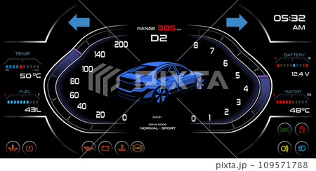 Car dashboard speedometer, tachometer, digital LED indicators for fuel and engine temperature. Vector realistic elements of car dashboard instrument cluster. 109571788