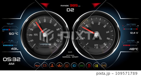 Car dashboard speedometer, tachometer, digital LED indicators for fuel and engine temperature. Vector realistic elements of car dashboard instrument cluster. 109571789