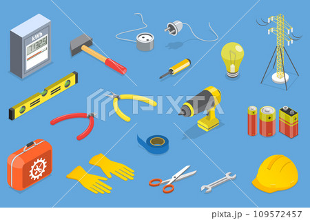3D Isometric Flat Vector Set of Professional Electrician Tools 109572457