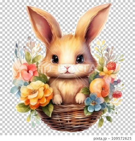 cute watercolor easter bunny with basket of flowers and colorful easter eggs isolated cute watercolor easter bunny with basket of flowers and colorful easter eggs isolated 109572625