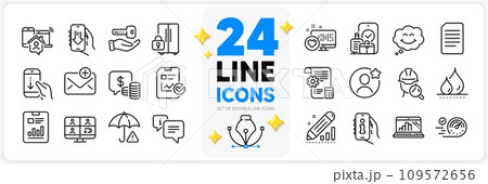Icons set of Report checklist, New mail and Smile line icons pack for app with Video conference, Risk management, Carry-on baggage thin outline icon. Buying house, Waterproof. Vector 109572656