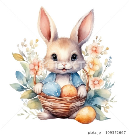 cute watercolor easter bunny with basket of flowers and colorful easter eggs isolated 109572667