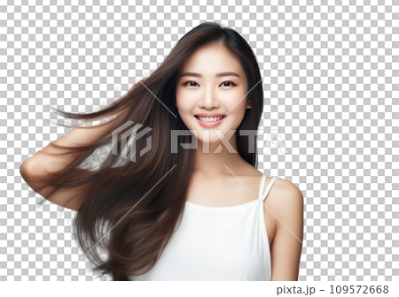 a young asian woman holds onto the camera to show off her long hair a young asian woman holds onto the camera to show off her long hair 109572668