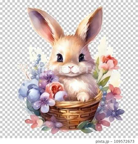 cute watercolor easter bunny with basket of flowers and colorful easter eggs isolated cute watercolor easter bunny with basket of flowers and colorful easter eggs isolated 109572673