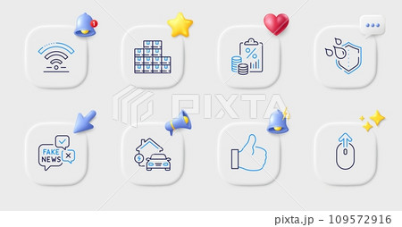 Wifi, Like and Wholesale inventory line icons. Buttons with 3d bell, chat speech, cursor. Pack of Waterproof, Swipe up, Tax document icon. Fake news, Home charging pictogram. Vector 109572916