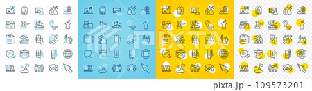 Vector icons set of Support, Partnership and Organic waste line icons pack for web with Refrigerator, Music, Place outline icon. Pickup, Mountain flag, Puzzle pictogram. Shop app. Vector 109573201