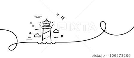 Lighthouse line icon. Continuous one line with curl. Beacon tower sign. Searchlight building symbol. Lighthouse single outline ribbon. Loop curve pattern. Vector 109573206