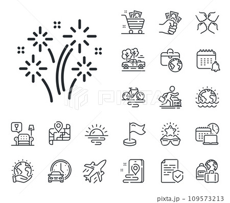 Pyrotechnic salute sign. Plane jet, travel map and baggage claim outline icons. Fireworks line icon. Carnival celebration lights symbol. Fireworks line sign. Car rental, taxi transport icon. Vector 109573213