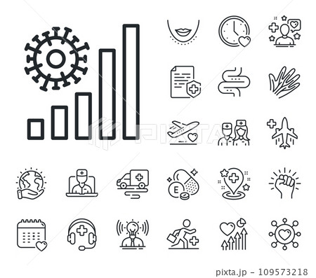 Covid-19 confirmed cases graph sign. Online doctor, patient and medicine outline icons. Coronavirus statistics line icon. Corona virus pandemic symbol. Coronavirus statistics line sign. Vector 109573218