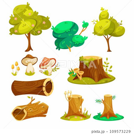 Forest Element and Object with Tree, Stump, Log and Mushroom Vector Set Forest Element and Object with Tree, Stump, Log and Mushroom Vector Set 109573229