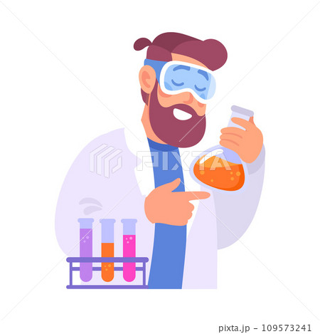Bearded Man at Laboratory with Flask Conduct Experiment Vector Illustration 109573241