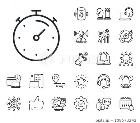 Stopwatch time sign. Place location, technology and smart speaker outline icons. Timer line icon. Countdown clock symbol. Timer line sign. Influencer, brand ambassador icon. Vector 109573242