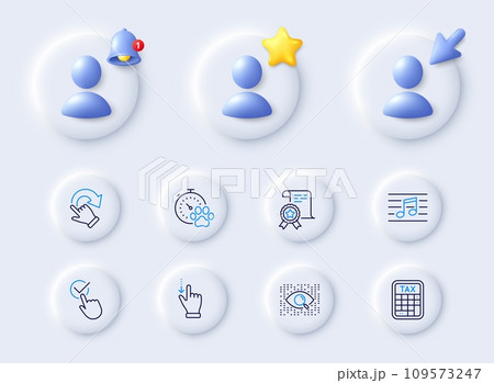 Rotation gesture, Tax calculator and Checkbox line icons. Placeholder with 3d cursor, bell, star. Pack of Certificate, Touchscreen gesture, Musical note icon. Vector Rotation gesture, Tax calculator and Checkbox line icons. Placeholder with 3d cursor, bell, star. Pack of Certificate, Touchscreen gesture, Musical note icon. Vector 109573247