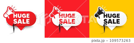 Huge Sale tag. Speech bubble with megaphone and woman silhouette. Special offer price sign. Advertising Discounts symbol. Huge sale chat speech message. Woman with megaphone. Vector 109573263