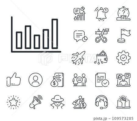 Financial graph sign. Salaryman, gender equality and alert bell outline icons. Column chart line icon. Stock exchange symbol. Business investment. Column chart line sign. Vector 109573285