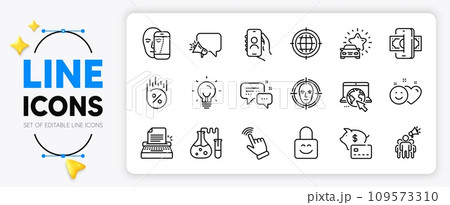 Chemistry lab, Loan percent and Lock line icons set for app include Piggy bank, Smile, Internet outline thin icon. Cursor, Face biometrics, Brand ambassador pictogram icon. Face detect. Vector 109573310