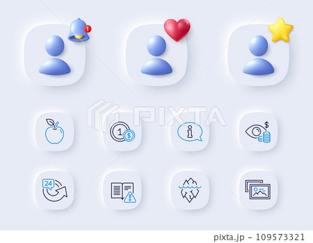 Iceberg, 24 hours and Business vision line icons. Placeholder with 3d bell, star, heart. Pack of Photo album, Usd coins, Instruction manual icon. Information, Apple pictogram. Vector 109573321