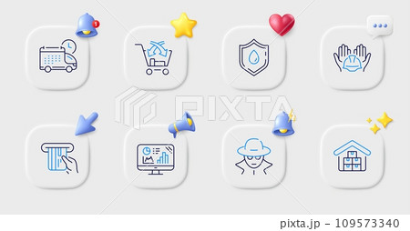 Analytics graph, Cross sell and Delivery line icons. Buttons with 3d bell, chat speech, cursor. Pack of Credit card, Wholesale goods, Blood donation icon. Builders union, Fraud pictogram. Vector 109573340