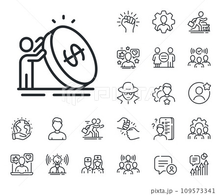 Money profit sign. Specialist, doctor and job competition outline icons. Inflation line icon. Person with coin symbol. Inflation line sign. Avatar placeholder, spy headshot icon. Strike leader. Vector 109573341