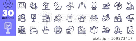 Electric energy, Road and Delivery man line icons pack. Location, Delivery route, Package location web icon. Lighthouse, Airport transfer, Home moving pictogram. Gps, Baggage, Hold box. Vector 109573417