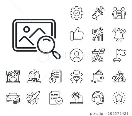 Find image or picture sign. Salaryman, gender equality and alert bell outline icons. Search photo line icon. Search photo line sign. Spy or profile placeholder icon. Online support, strike. Vector Find image or picture sign. Salaryman, gender equality and alert bell outline icons. Search photo line icon. Search photo line sign. Spy or profile placeholder icon. Online support, strike. Vector 109573421