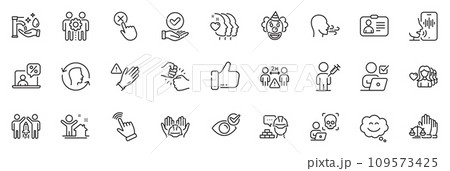 Icons pack as Use gloves, Online tax and Clown line icons for app include Breathing exercise, Partnership, Friends couple outline thin icon web set. Face id, Builders union. Vector Icons pack as Use gloves, Online tax and Clown line icons for app include Breathing exercise, Partnership, Friends couple outline thin icon web set. Face id, Builders union. Vector 109573425