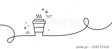 Takeaway Coffee cup line icon. Continuous one line with curl. Hot drink sign. Takeout symbol. Takeaway single outline ribbon. Loop curve pattern. Vector Takeaway Coffee cup line icon. Continuous one line with curl. Hot drink sign. Takeout symbol. Takeaway single outline ribbon. Loop curve pattern. Vector 109573426