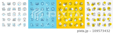 Vector icons set of Furniture, Brand and Medical shield line icons pack for web with Mortgage, Work home, Loyalty points outline icon. Fake internet, Privacy policy, Search files pictogram. Vector 109573432