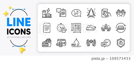 Dog competition, Burger and 24h service line icons set for app include Hold heart, Charging station, Christmas tree outline thin icon. Organic tested, Square area, Clipboard pictogram icon. Vector 109573433