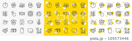 Outline Message, Food and Smartphone line icons pack for web with Windy weather, Fish school, Thermometer line icon. Lounge, Winner reward, Bowl dish pictogram icon. Documents, Popcorn. Vector 109573446
