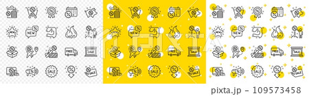 Set of Shopping, Sale and New icons. Discount line icons. Free delivery, Flight sale and Black friday discount. Hot offer, Airplane and new store. Online shopping. Black friday clearance. Vector 109573458