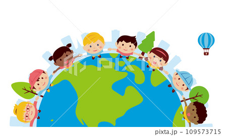 半円形に手をつないで空を見上げる子供たちのイラスト/様々な人種（地球) 109573715